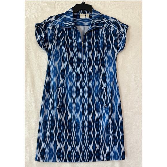 Zenergy Chico's UPF Neem Zip Bungee Dress 1 M Blue Ikat - Picture 1 of 10
